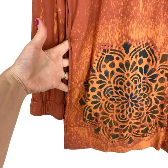 Vintage Upcycled Jacket Womens Size Large Handmade Stencil Floral Orange Brown - Picture 4 of 16